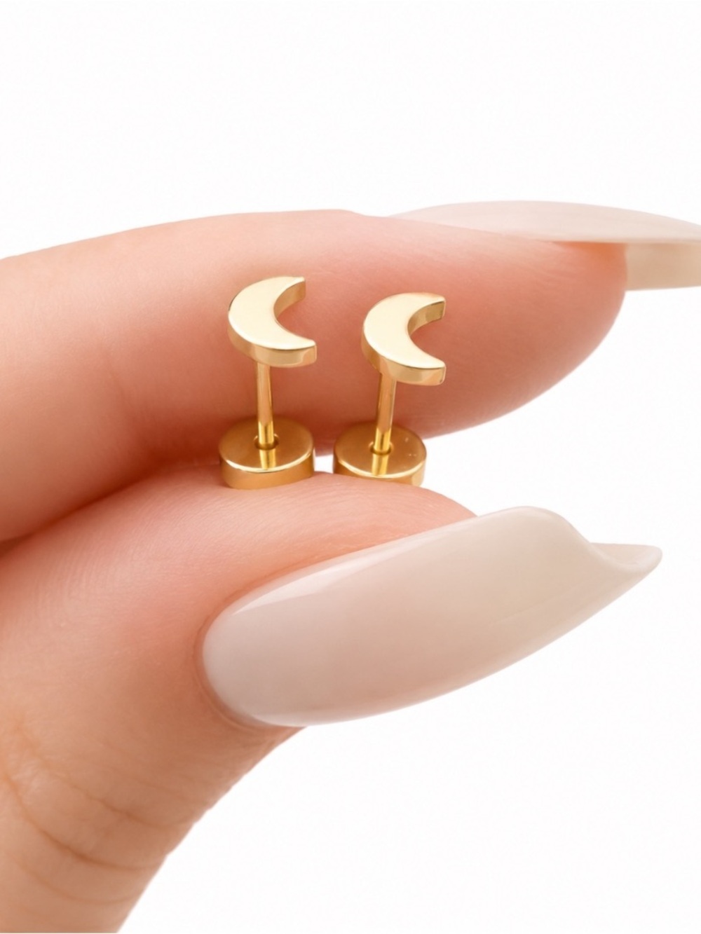 Gold Crescent Moon Flat Back Stud Earrings 20G Stainless Steel - Picture 5 of 5